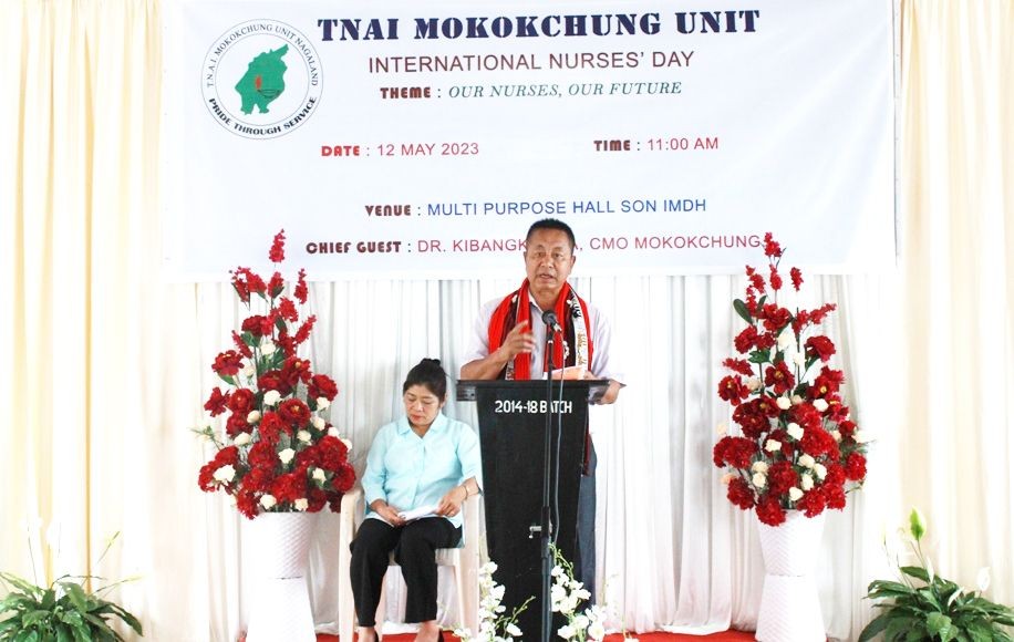 Chief medical Officer (CMO) Mokokchung, Dr Kibangkumba speaks during the International Nurses Day celebration at Multi Purpose Hall, SON, IMDH Mokokchung on May 12. (DIPR Photo)